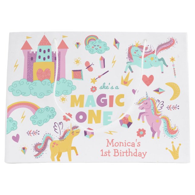 Grand Sac Cadeau Pastel arc-en-ciel unicorne magie un anniversaire (Devant)