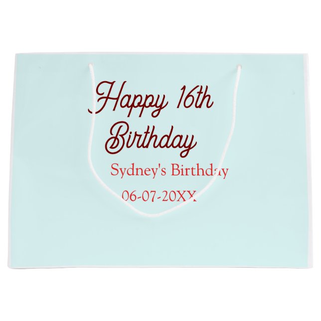 Grand Sac Cadeau Pastel blue red happy 16th birthday name date eleg (Devant)
