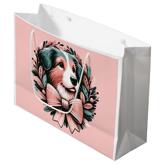 Grand Sac Cadeau Pastel Christmas Australian Shepherd Wreath (Devant Angle)