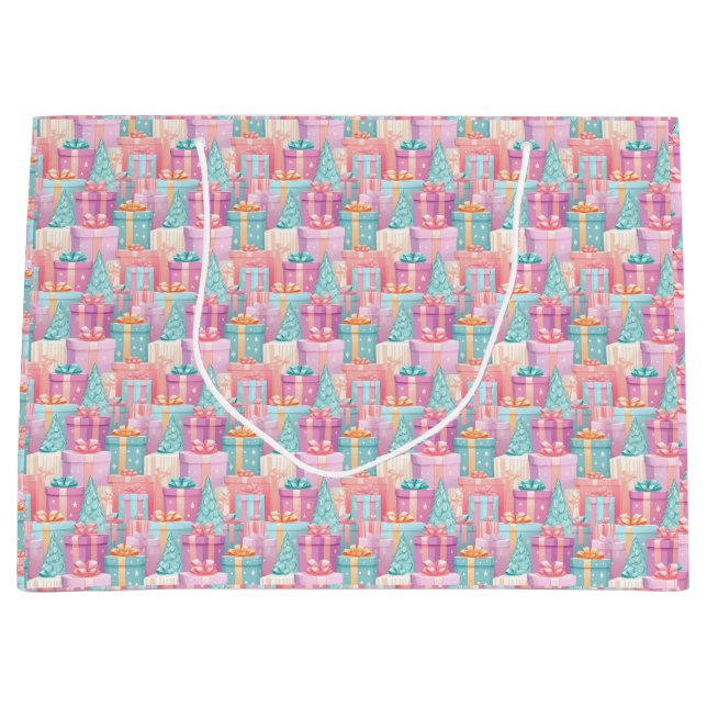 Grand Sac Cadeau Pastel Noël Présences et Arbres Papier (Devant)