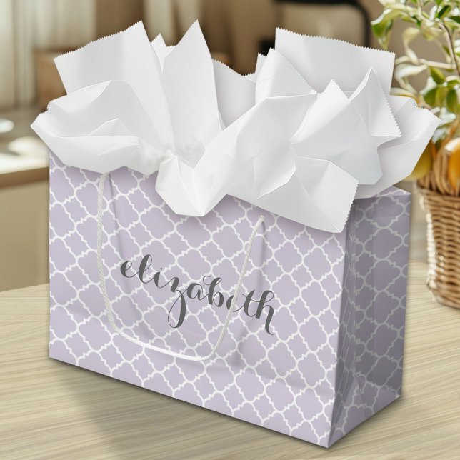 Grand Sac Cadeau Pastel Purple Grey Quatrefoil Motif Nom personnali (Custom Gift Bag)