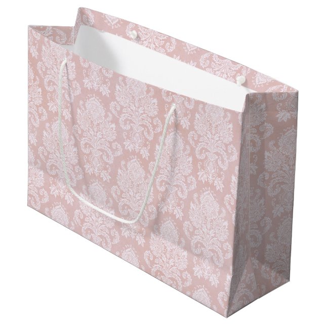 Grand Sac Cadeau Pastel rose et blanc Damas (Devant Angle)