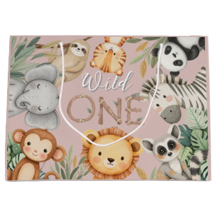 Grand Sac Cadeau Pastel Tropical Wild One Jungle Safari Animaux