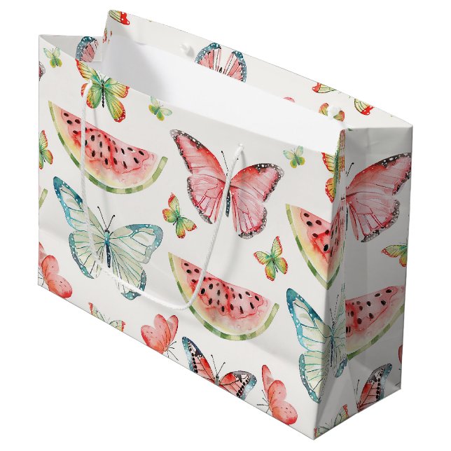Grand Sac Cadeau Pastèque verte rouge papillons bleus Anniversaire (Devant Angle)