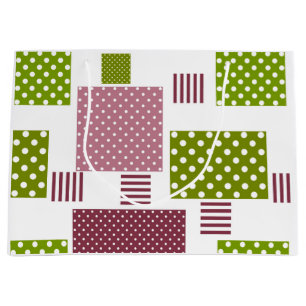 Grand Sac Cadeau Patchwork brun vert pois dos blanc