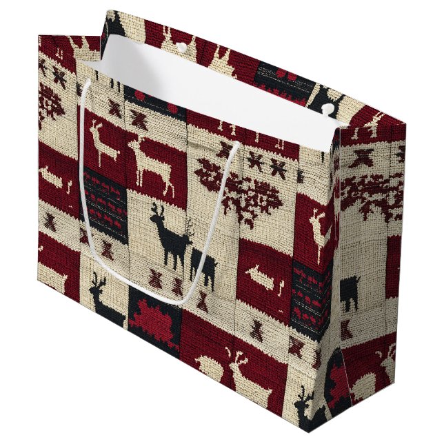 Grand Sac Cadeau Patchwork croisé rustique | Folk Holiday Motif (Devant Angle)