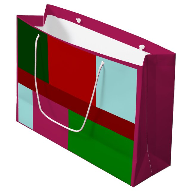 Grand Sac Cadeau Patchwork Noël rouge clair bleu vert chaud rose (Devant Angle)