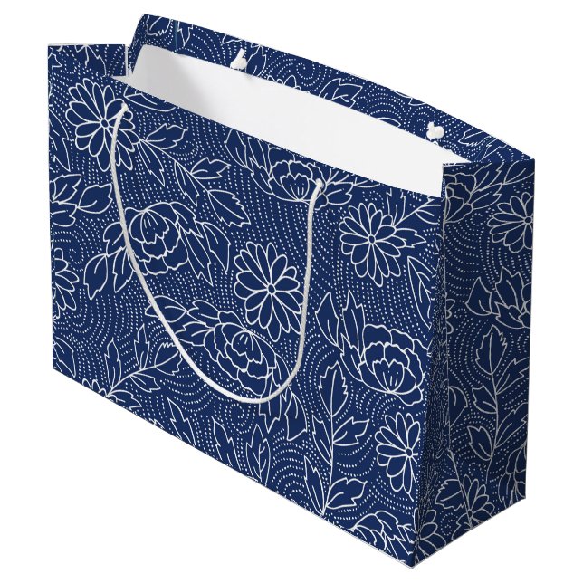 Grand Sac Cadeau Patte de fleurs japonaises traditionnelles blanche (Dos Angle)