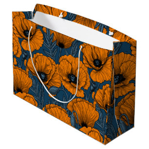 Grand Sac Cadeau Pavot orange sur bleu foncé