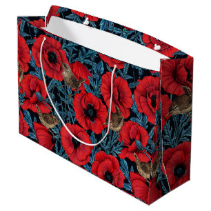 Grand Sac Cadeau Pavot rouge et brunes, feuilles bleus sur noir