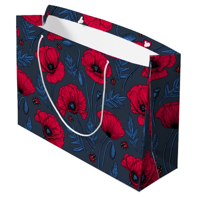 Grand Sac Cadeau Pavot rouge et coccinelle bleu foncé (Dos Angle)