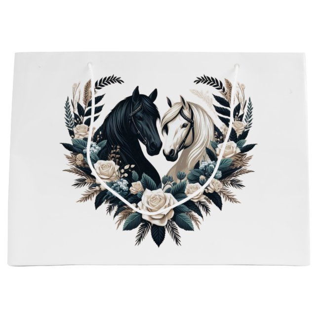 Grand Sac Cadeau Pays Cheval noir et blanc en amour (Devant)