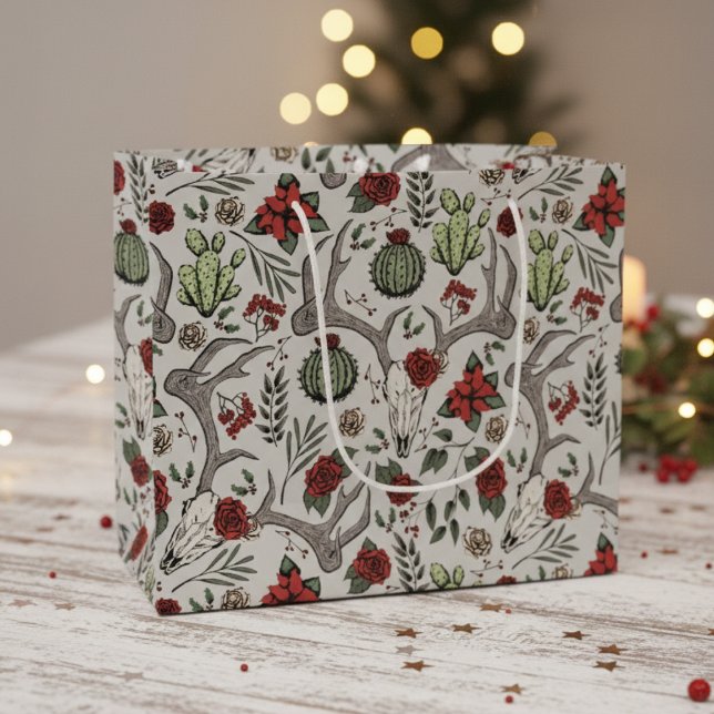 Grand Sac Cadeau Pays Ouest Noël Floral Reindeer Crâne (Chic Country Christmas Gift Bags. Reindeer Skull, Poinsettias, Red Berries, Roses Goth Xmas Pattern)