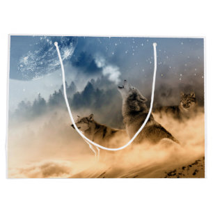 Grand Sac Cadeau Paysage de nature de brouillard de lune de loups