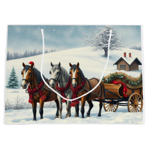 Grand Sac Cadeau Paysage hivernal avec chevaux et Cabine