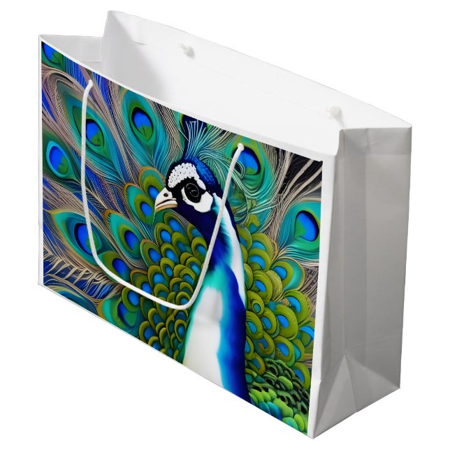 Grand Sac Cadeau Peacock blanc bleu et vert Piebald (Devant Angle)