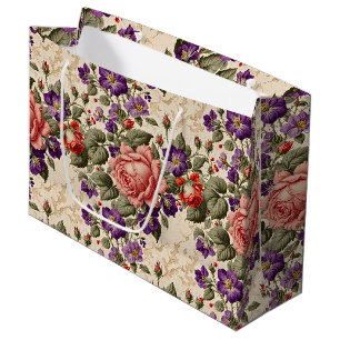 Grand Sac Cadeau Pêche romantique et Roses de corail