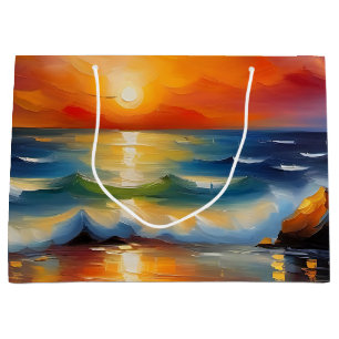 Grand Sac Cadeau Peinture à l'huile de couché de soleil orange sur
