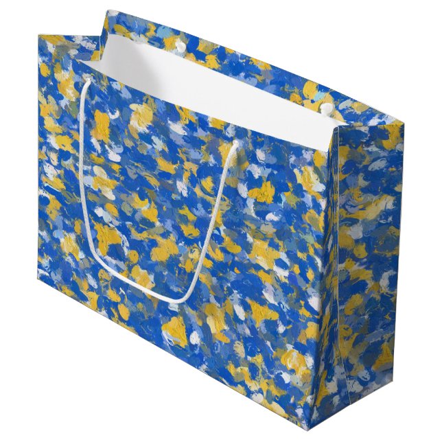 Grand Sac Cadeau Peinture bleue, jaune et blanche (Devant Angle)