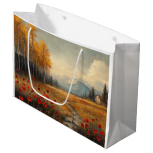 Grand Sac Cadeau Peinture de Prairie Automnale Vintage avec Coqueli