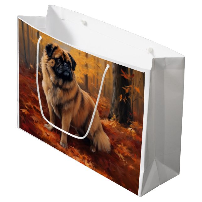 Grand Sac Cadeau Pekingese à l'automne Feuilles automne Inspire (Devant Angle)