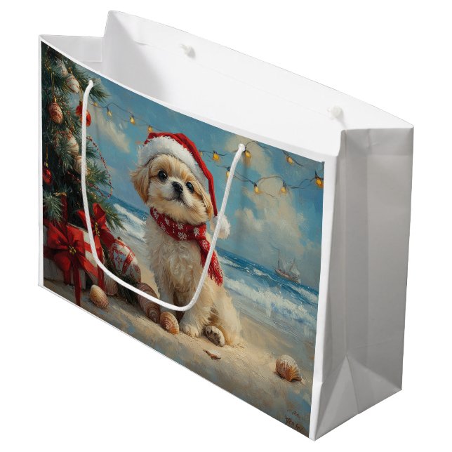 Grand Sac Cadeau Pekingese Chien Noël Plage Vintage (Devant Angle)