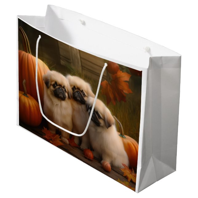Grand Sac Cadeau Pekingese Chiot Automne Citrouille délice (Devant Angle)