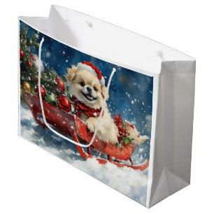 Grand Sac Cadeau Pékinois en Traîneau Qu'il neige Noël