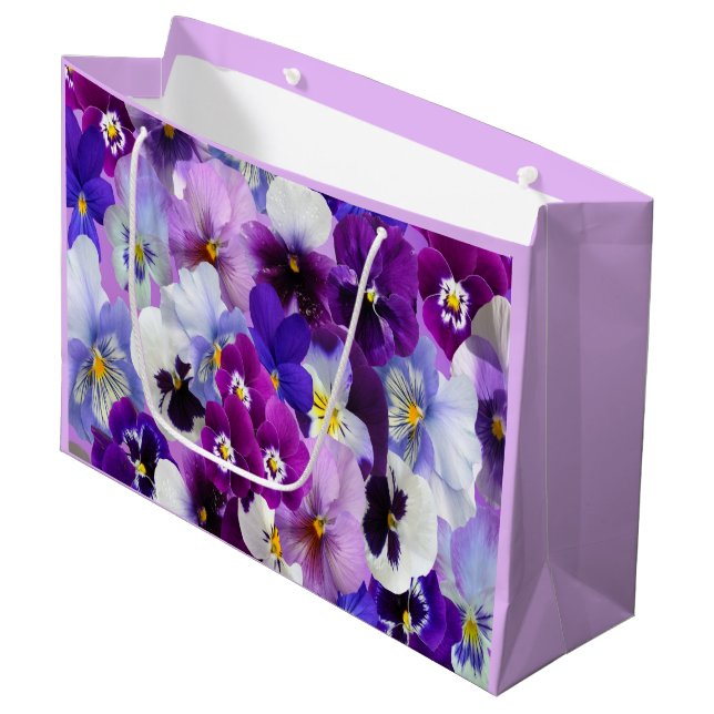 Grand Sac Cadeau Pensée florale bleue blanche violette Fête d'anniv (Devant Angle)