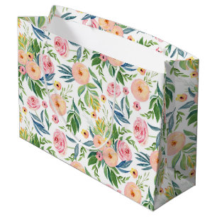 Grand Sac Cadeau Peoné rose pastel avec feuilles motif floral