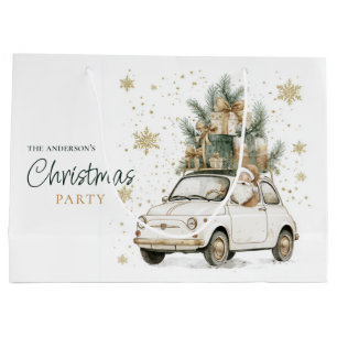 Grand Sac Cadeau Père Noël aquarelle élégant Voiture Neige Fête de
