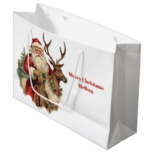 Grand Sac Cadeau Père Noël classique chevauchant un renne de Noël