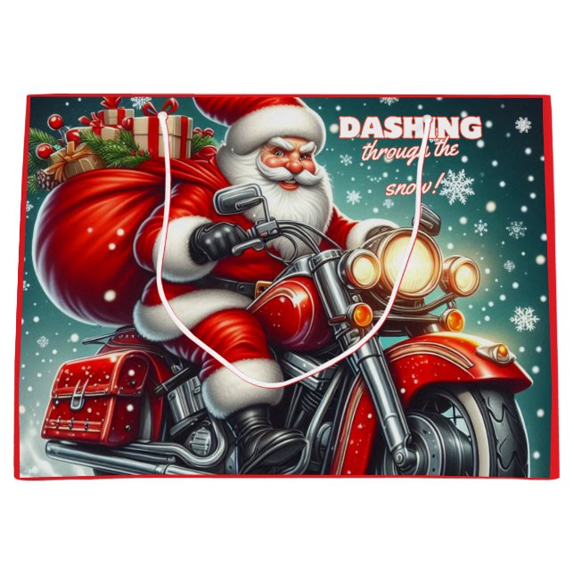 Grand Sac Cadeau Père Noël en moto (Devant)