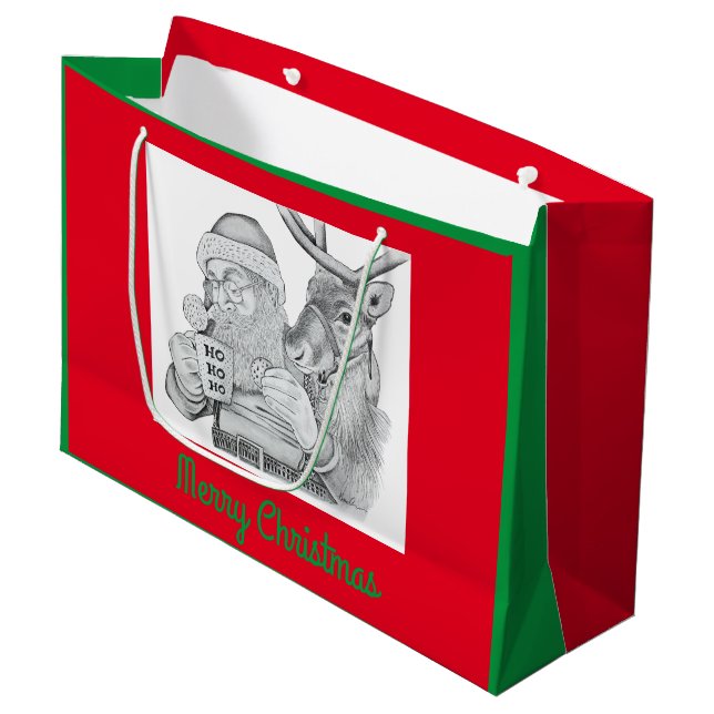 Grand Sac Cadeau Père Noël et rennes (Devant Angle)