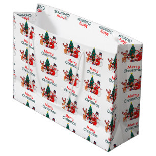 Grand Sac Cadeau Père Noël Snowman Et Reindeer Festin Joyeux Noël