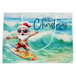 Grand Sac Cadeau Père Noël surfant sur une grosse vague à Hawaï