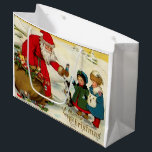 Grand Sac Cadeau Père Noël vintage avec enfants<br><div class="desc">Jolie scène hivernale vintage montrant Père Noël donnant des jouets aux enfants en attente pendant que leur chiot demande de l'attention. L'image a été numériquement restaurée.</div>