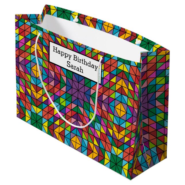 Grand Sac Cadeau Personalize Name Quilt Pattern Happy Birthday (Dos Angle)