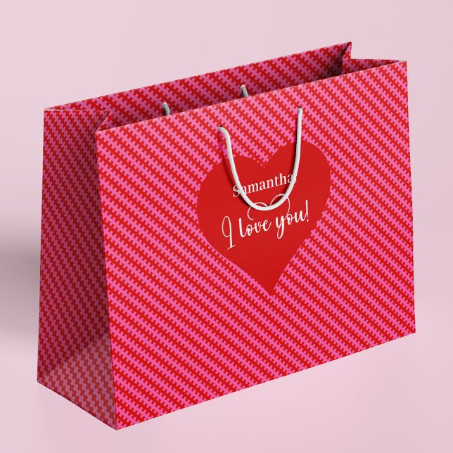 Grand Sac Cadeau Personalized I Love You Pink Hearts Valentine  (Make every Valentine’s gift unforgettable with this pink and red hearts personalized gift bag, )