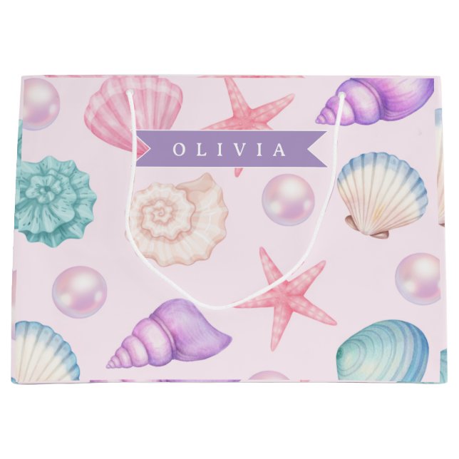 Grand Sac Cadeau Personalized Pastel Seashell Coastal Custom Name (Devant)