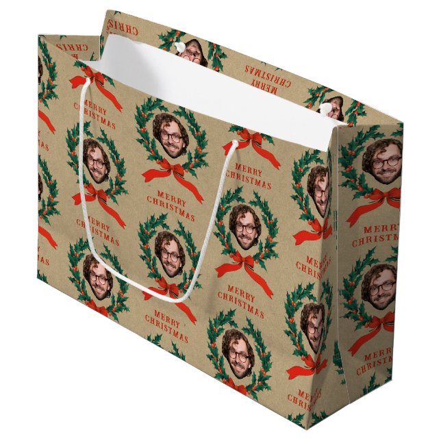 Grand Sac Cadeau Personnalisé Funky Christmas Wreath Face Photo Kra (Devant Angle)