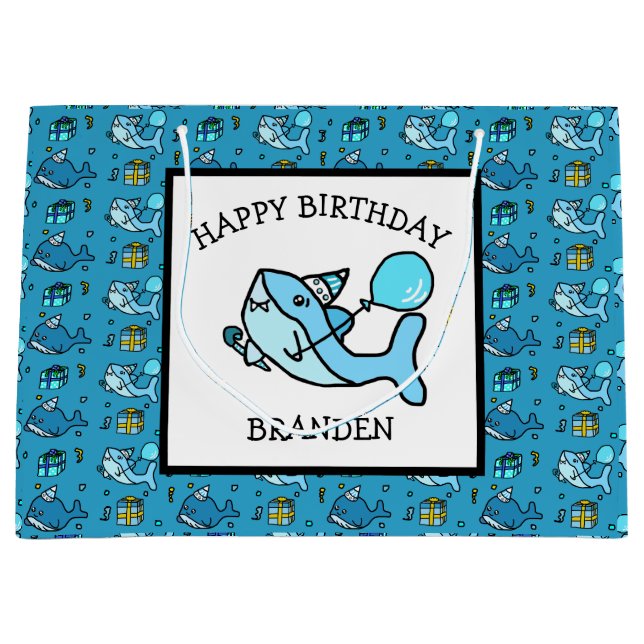 Grand Sac Cadeau Personnalisé Joyeux Anniversaire Bleu Bébé Requin (Devant)