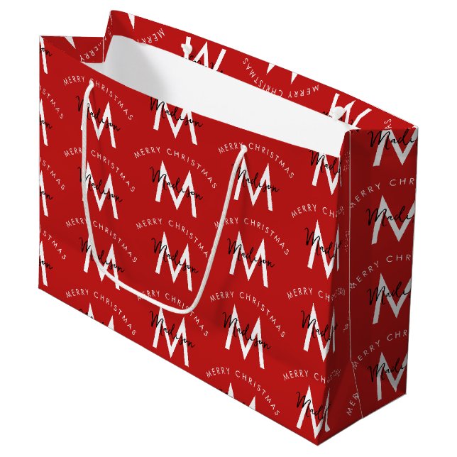Grand Sac Cadeau Personnalisé moderne Joyeux Noël Monogramme rouge (Devant Angle)