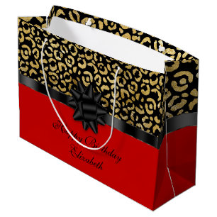 Grand Sac Cadeau Personnaliser Rouge Noir Or Imprimé Léopard Élégan