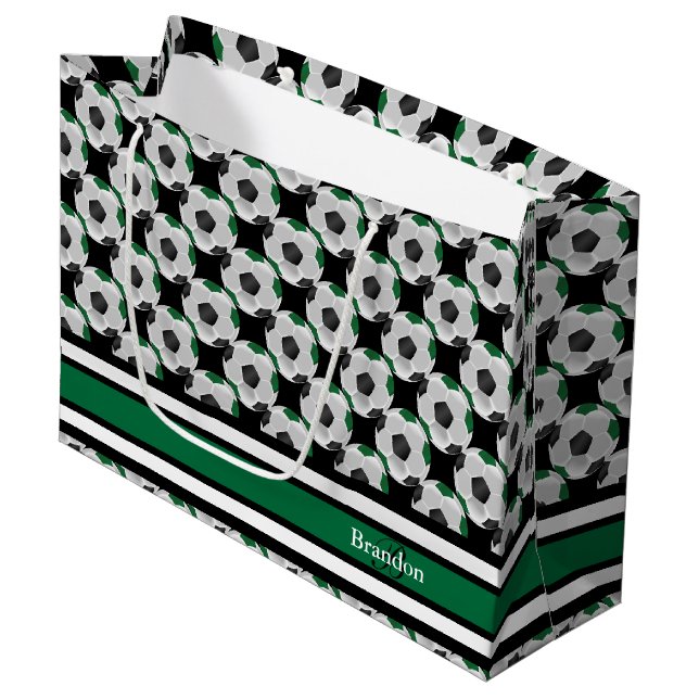 Grand Sac Cadeau Personnalisez les balles de soccer noir et vert fo (Devant Angle)