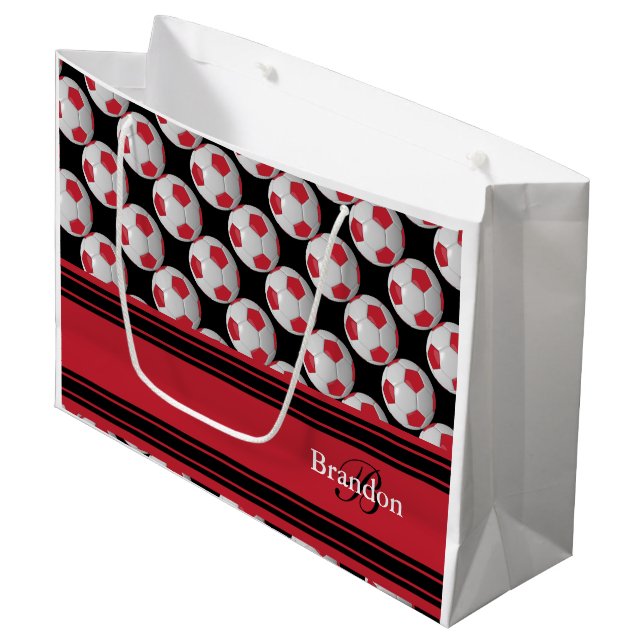 Grand Sac Cadeau Personnalisez les ballons de football rouge foncé (Devant Angle)