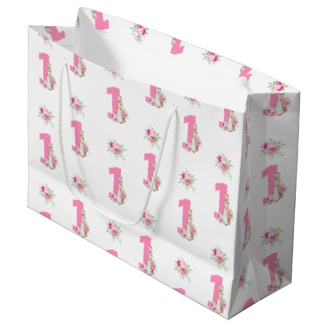 Grand Sac Cadeau Peter Rabbit | Premier anniversaire rose (Devant Angle)