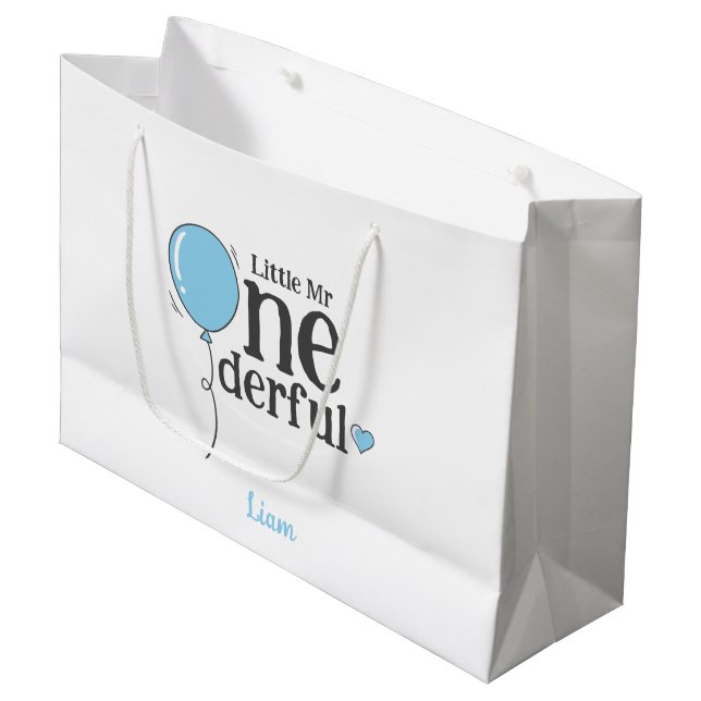 Grand Sac Cadeau Petit M. Onederful heureux anniversaire bleu (Devant Angle)