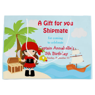 Grand Sac Cadeau Petite Brunette Pirate Girl en Merci rouge