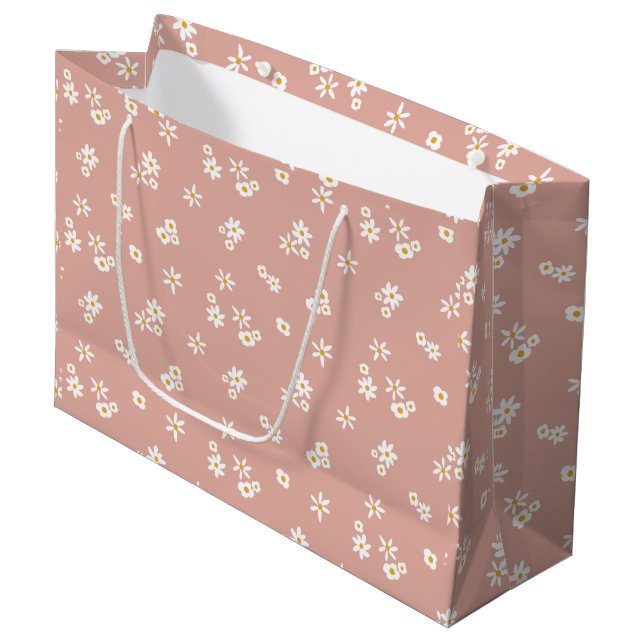 Grand Sac Cadeau Petites fleurs blanches sur rose - motif sans soud (Devant Angle)
